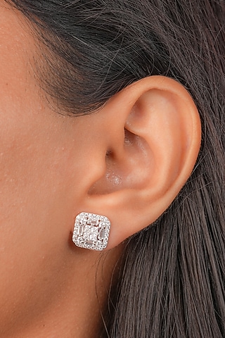 White Finish Zircon Square Stud Earrings In Sterling Silver by Johori