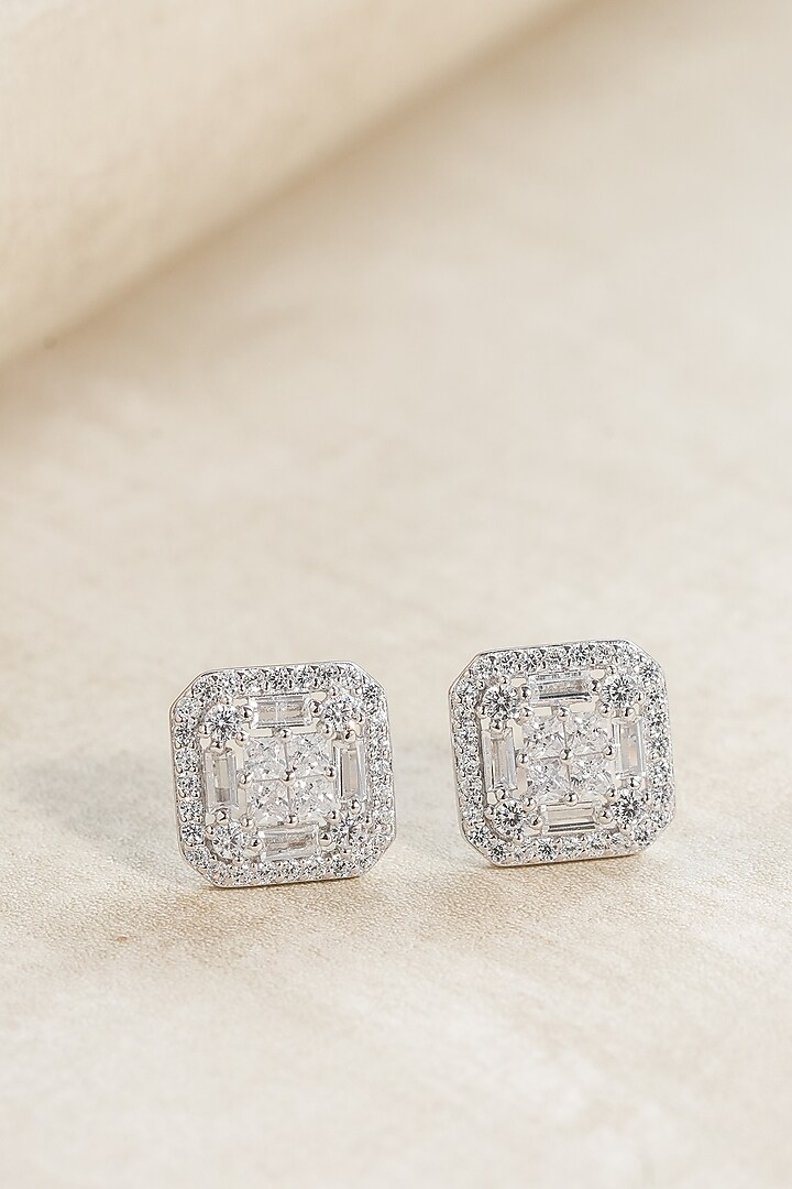 White Finish Zircon Square Stud Earrings In Sterling Silver by Johori at Pernia's Pop Up Shop