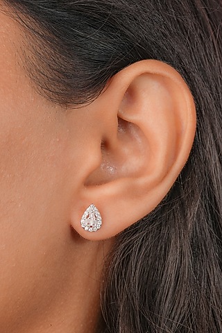 White Finish Zircon Triangle Stud Earrings In Sterling Silver by Johori