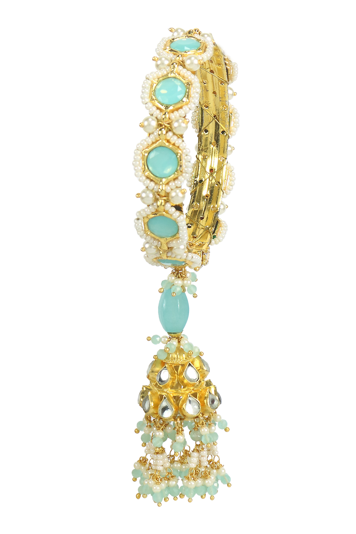 Gold Finish Kundan Polki & Blue Jadtar Hexagon Bangle by Just Jewellery at Pernia's Pop Up Shop
