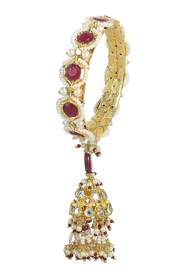 Gold Finish Kundan Polki & Red Jadtar Hexagon Bangle by Just Jewellery at Pernia's Pop Up Shop