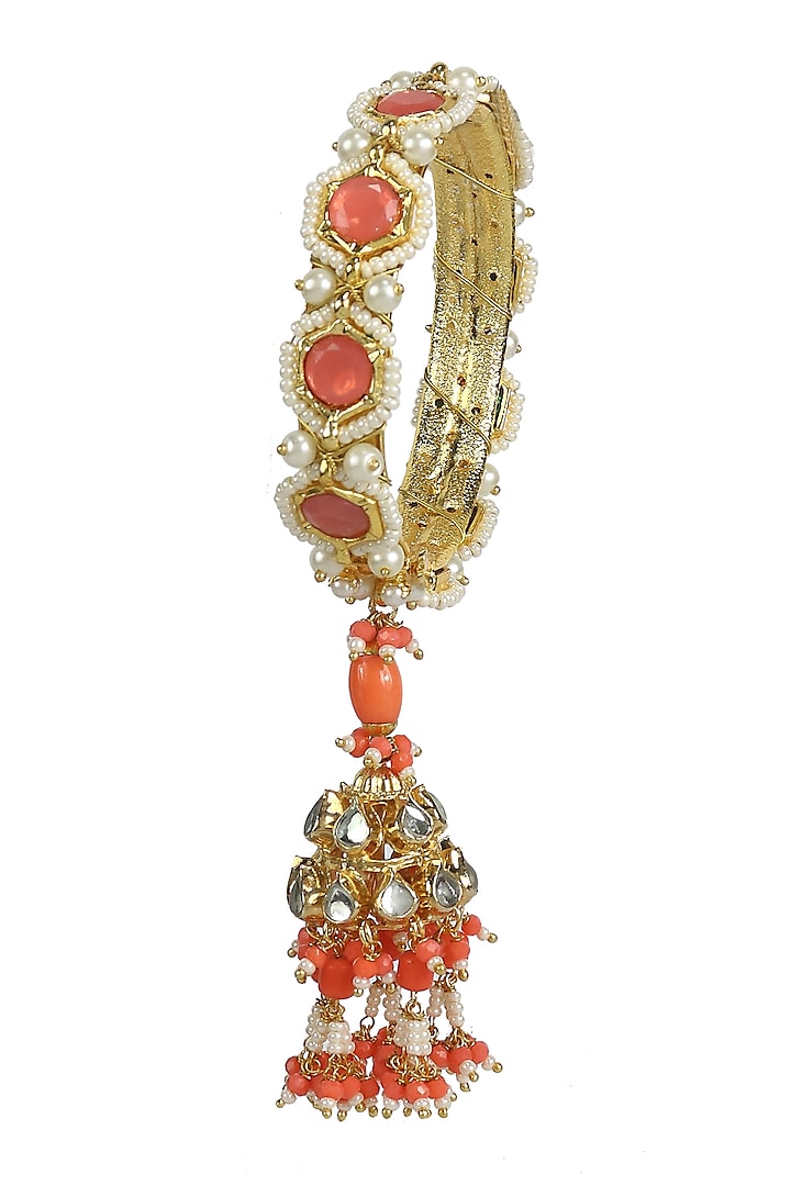 Gold Finish Kundan Polki & Orange Jadtar Hexagon Bangle by Just Jewellery at Pernia's Pop Up Shop