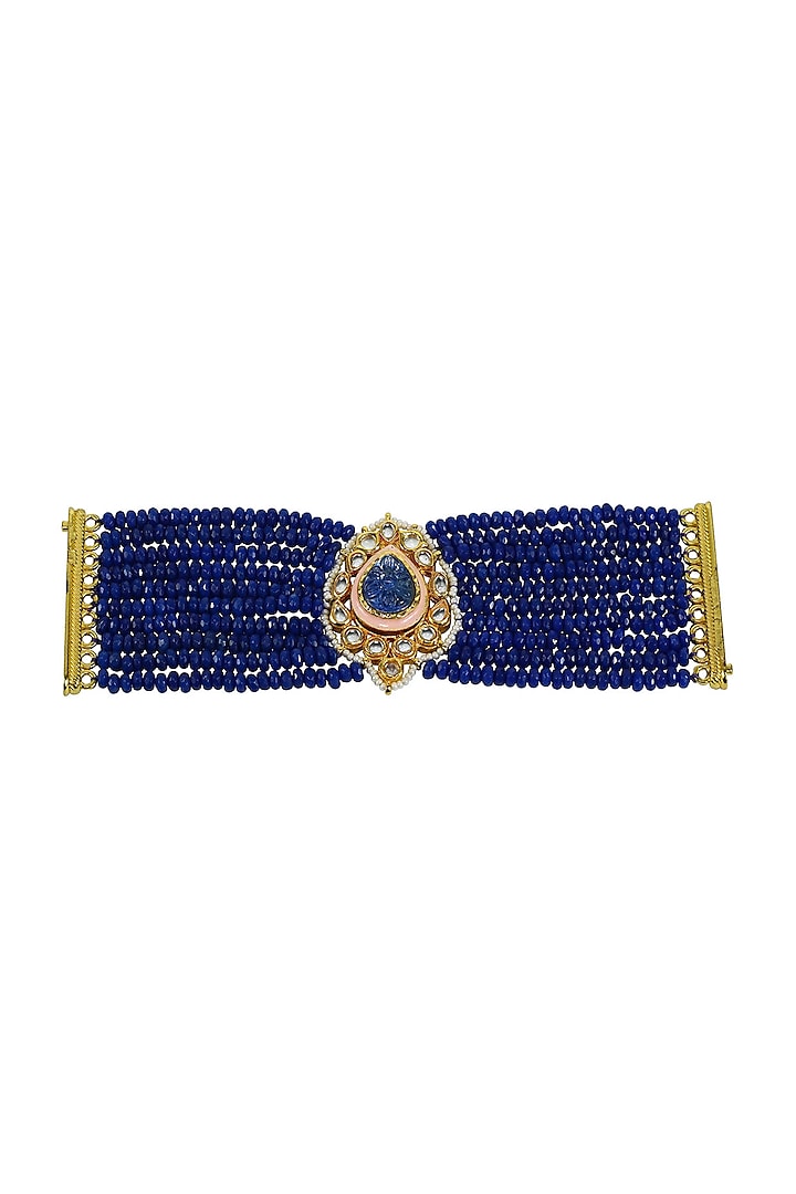 Gold Finish Kundan Polki & Blue Beaded Meenakari Bracelet by Just Jewellery