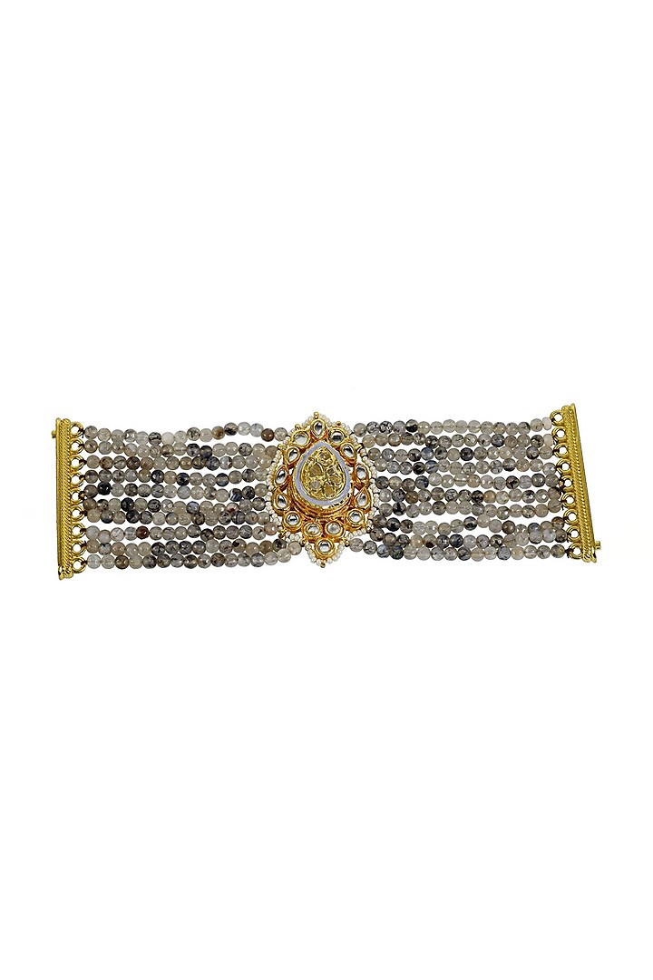 Gold Finish Kundan Polki & Beaded Grey Meenakari Bracelet by Just Jewellery