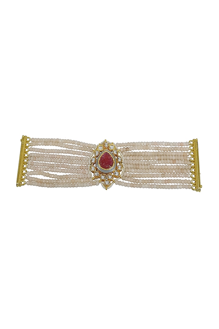 Gold Finish Kundan Polki & Cream Beaded Meenakari Bracelet by Just Jewellery