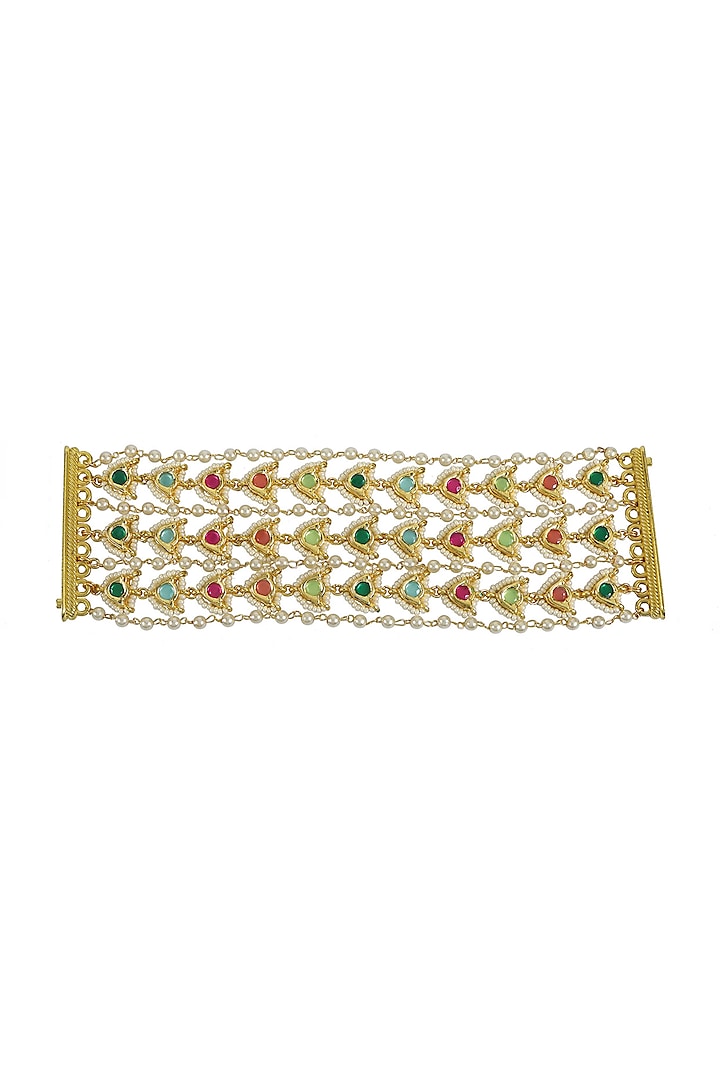 Gold Finish Navratna Jadtar & Kundan Polki Bracelet by Just Jewellery