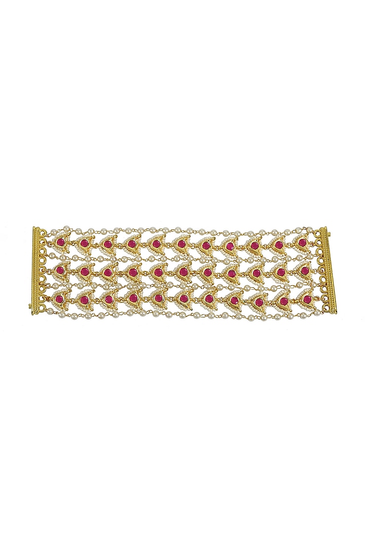Gold Finish Pink Jadtar & Kundan Polki Bracelet by Just Jewellery