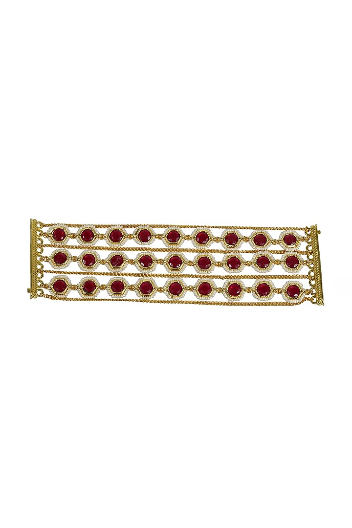 Gold Finish Pink Jadtar & Kundan Polki Hexagon Bracelet by Just Jewellery