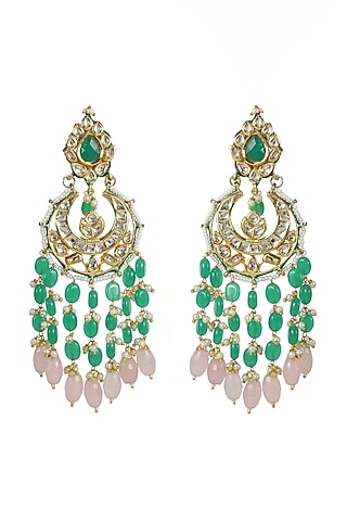 Gold Finish Kundan Polki & Green Jadtar Chandbali Earrings by Just Jewellery