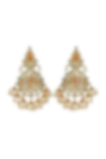 Gold Finish Orange Jadtar Stone & Kundan Polki Dangler Earrings by Just Jewellery