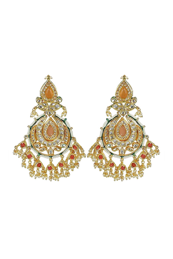 Gold Finish Orange Jadtar Stone & Kundan Polki Dangler Earrings by Just Jewellery