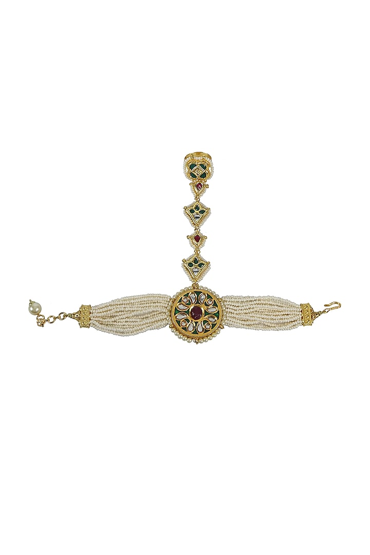 Gold Finish Kundan Polki & Green Jadtar Hand Harness by Just Jewellery