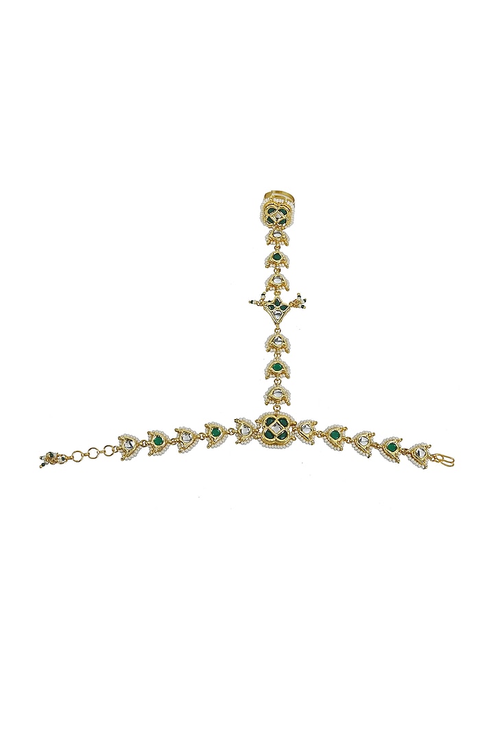 Gold Finish Kundan Polki & Green Jadtar Hand Harness by Just Jewellery