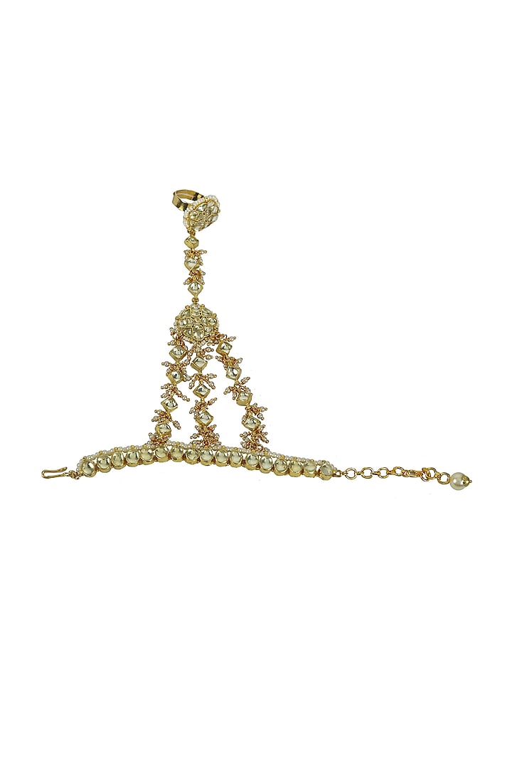 Gold Finish Kundan Polki & White Jadtar Hand Harness by Just Jewellery