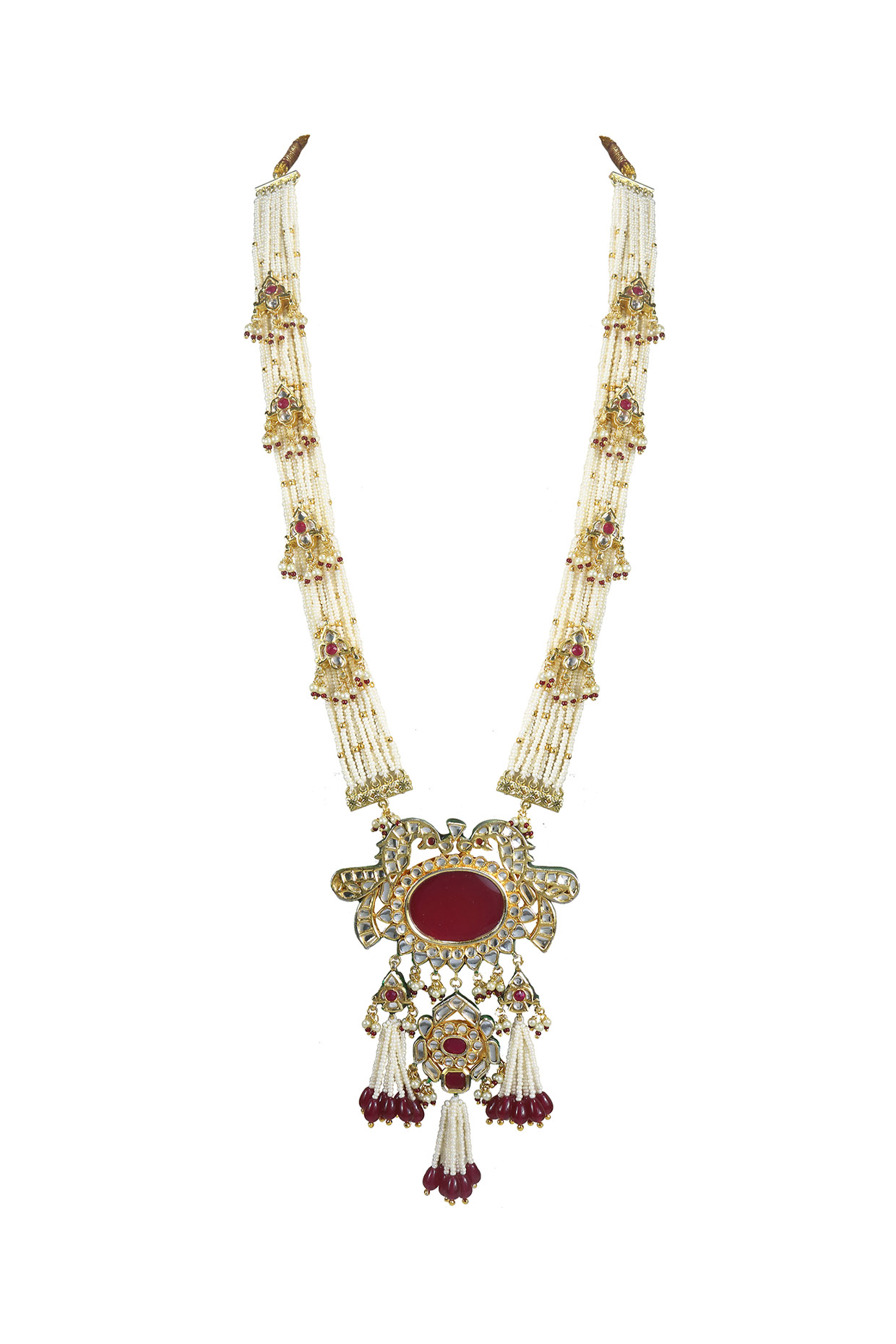 Gold Finish Kundan Polki Red Jadtar Long Necklace Design by Just
