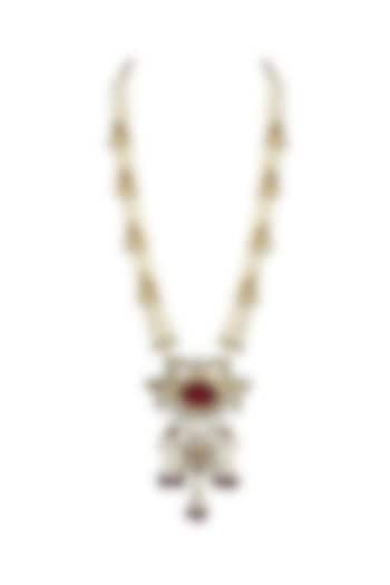 Gold Finish Kundan Polki & Red Jadtar Long Necklace by Just Jewellery
