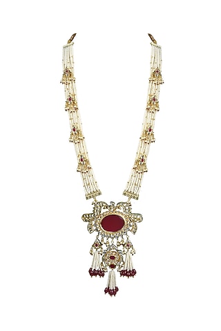 Gold Finish Kundan Polki & Red Jadtar Long Necklace by Just Jewellery