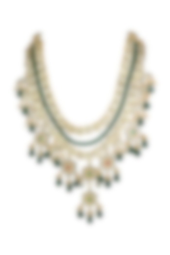 Gold Finish Kundan Polki & Green Bead Long Necklace by Just Jewellery
