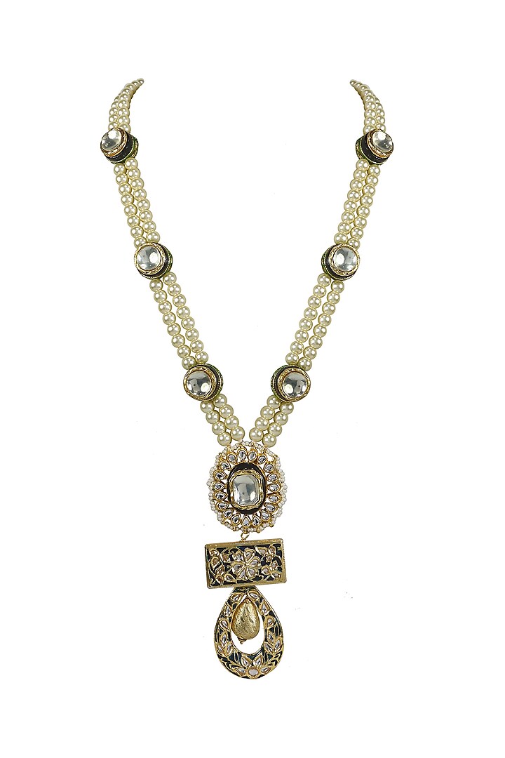 Gold Finish Kundan Polki & Blue Jadtar Long Necklace by Just Jewellery