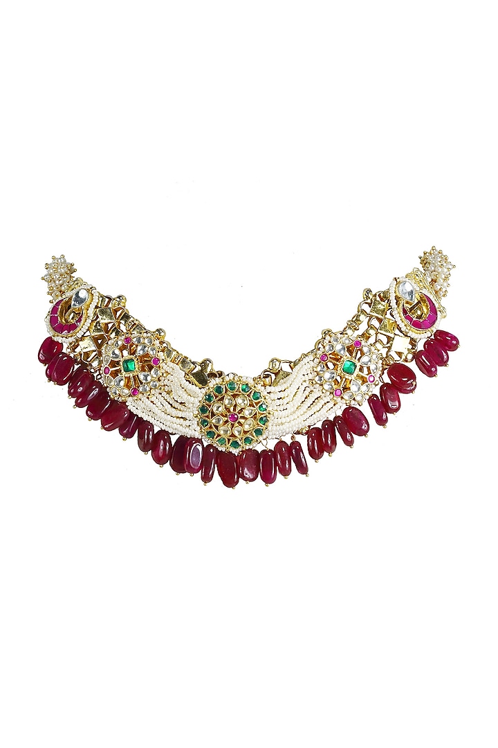 Gold Finish Kundan Polki & Red Jadtar Choker Necklace by Just Jewellery