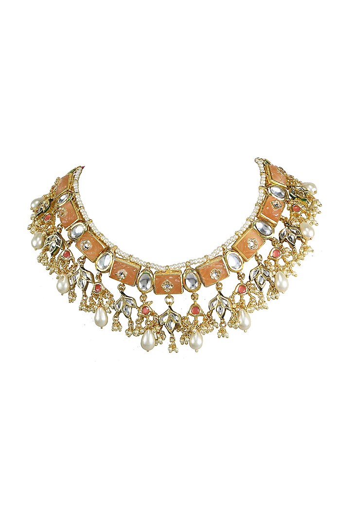 Gold Finish Kundan Polki & Orange Jadtar Choker Necklace by Just Jewellery