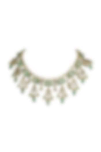 Gold Finish Kundan Polki & Green Jadtar Choker Necklace by Just Jewellery