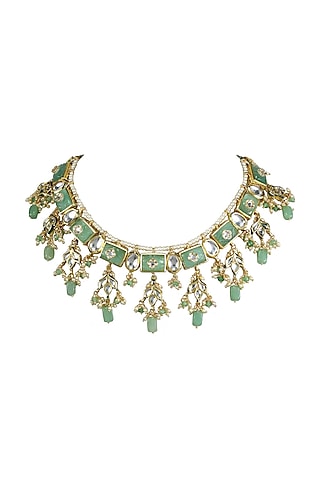 Gold Finish Kundan Polki & Green Jadtar Choker Necklace by Just Jewellery