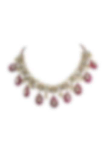 Gold Finish Kundan Polki & Pink Drop Choker Necklace by Just Jewellery