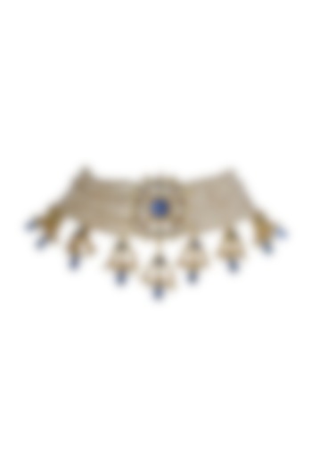 Gold Finish Kundan Polki & Blue Jadtar Stone Choker Necklace by Just Jewellery