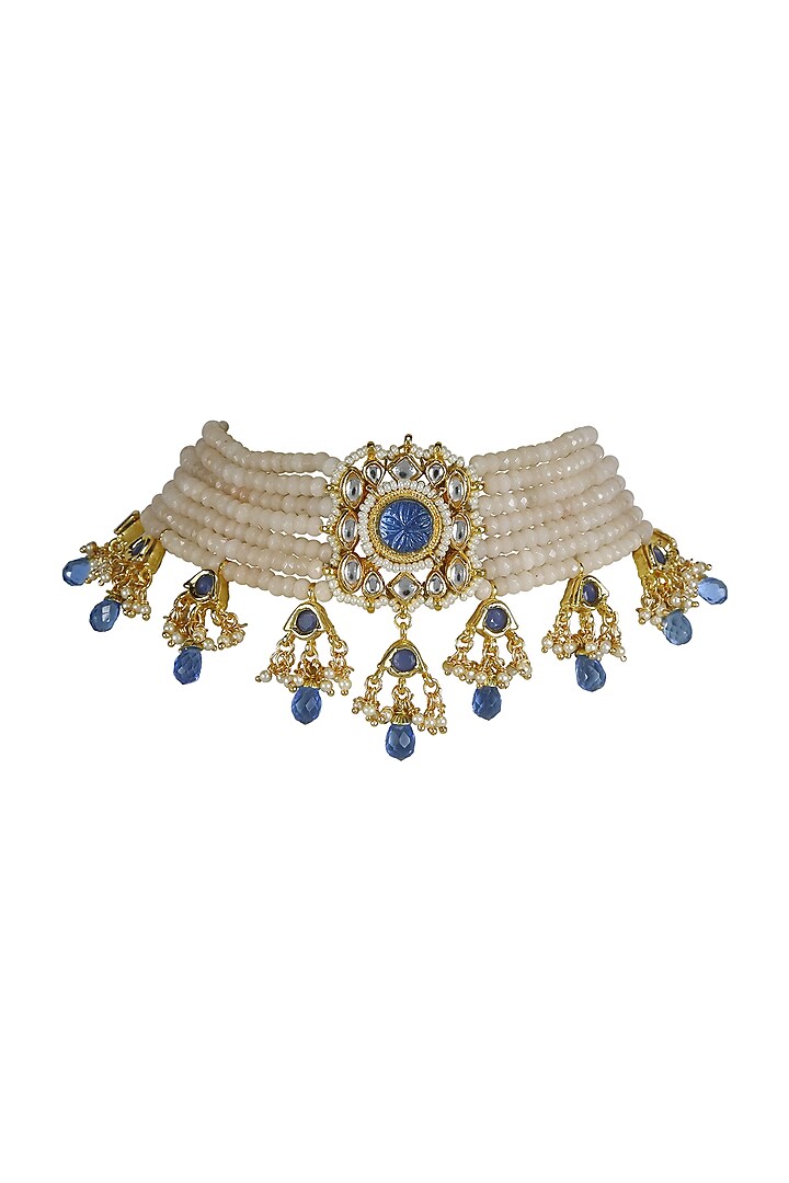 Gold Finish Kundan Polki & Blue Jadtar Stone Choker Necklace by Just Jewellery