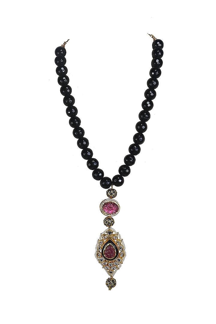 Gold Finish Kundan Polki & Pink Jadtar Stone Long Necklace by Just Jewellery