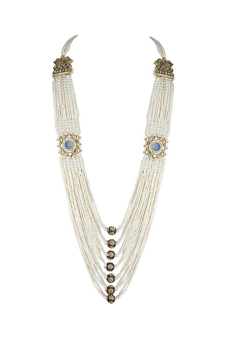 Gold Finish Kundan Polki & Blue Jadtar Stone Long Necklace by Just Jewellery