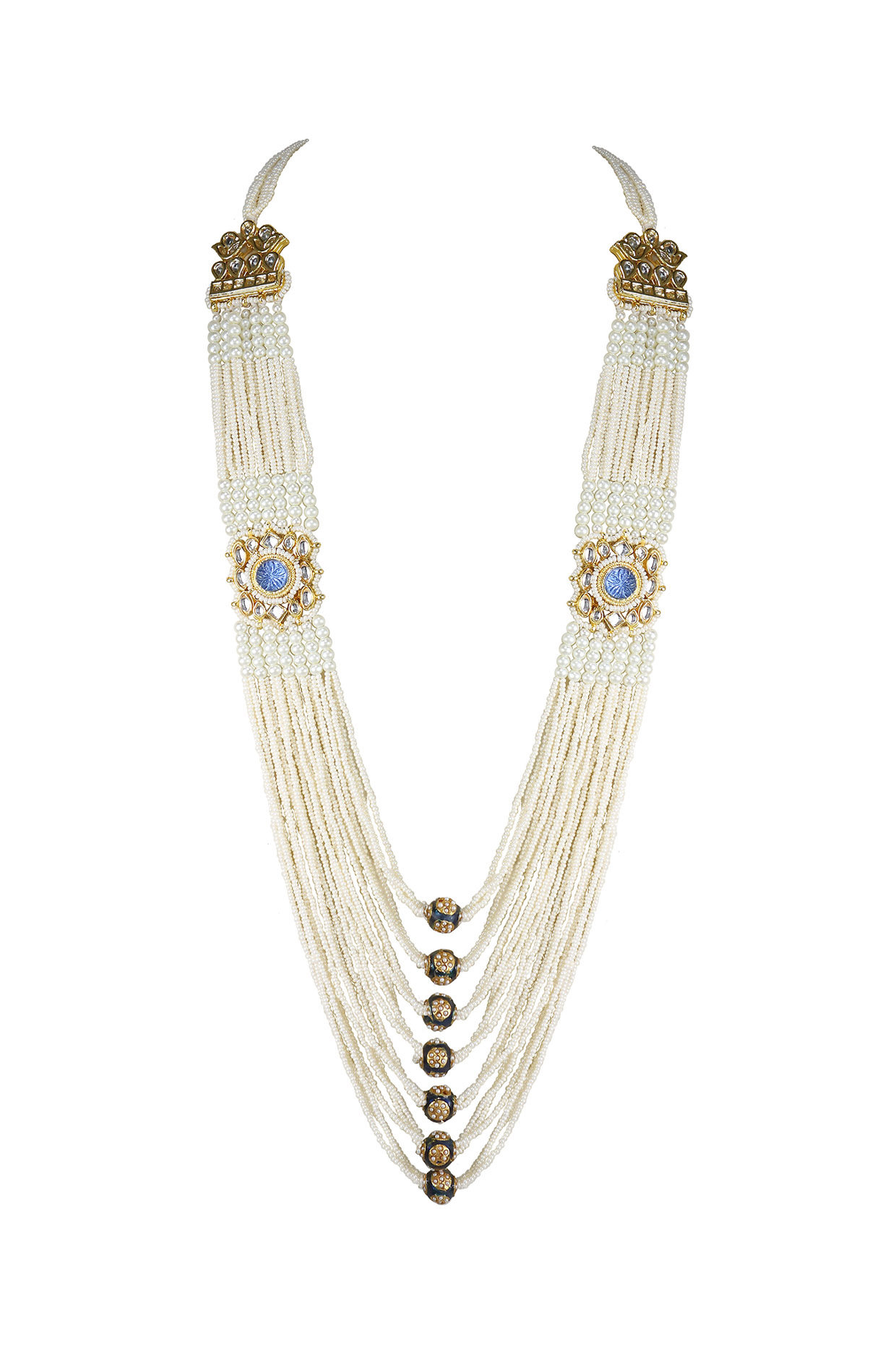 Gold Finish Kundan Polki & Blue Jadtar Stone Long Necklace by Just Jewellery at Pernia's Pop Up Shop