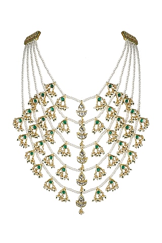 Gold Finish Kundan Polki & Green Jadtar Stone Long Necklace by Just Jewellery