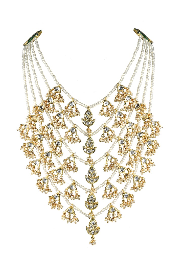 Gold Finish Kundan Polki & White Jadtar Stone Long Necklace by Just Jewellery