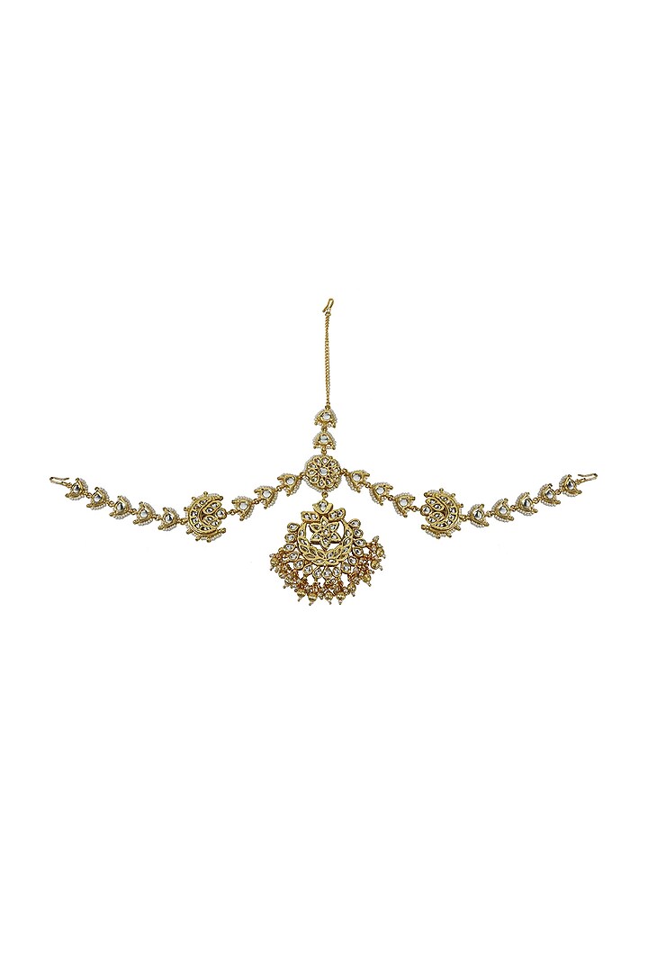 Gold Finish Kundan Polki & Jadtar Stone Mathapatti by Just Jewellery