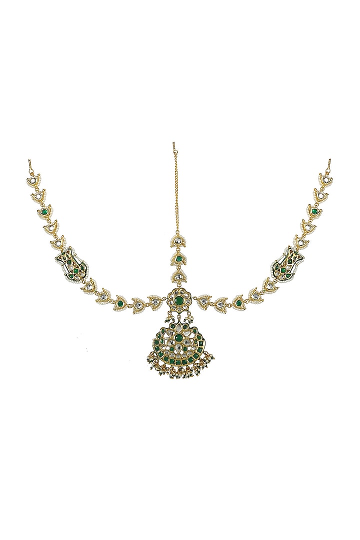 Gold Finish Kundan Polki & Green Jadtar Stone Mathapatti by Just Jewellery