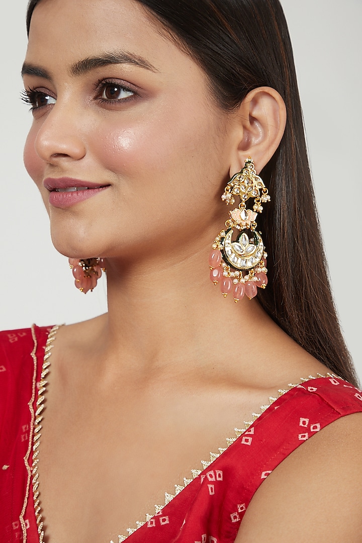 Gold Finish Pink Meenakari Earrings by Just Jewellery