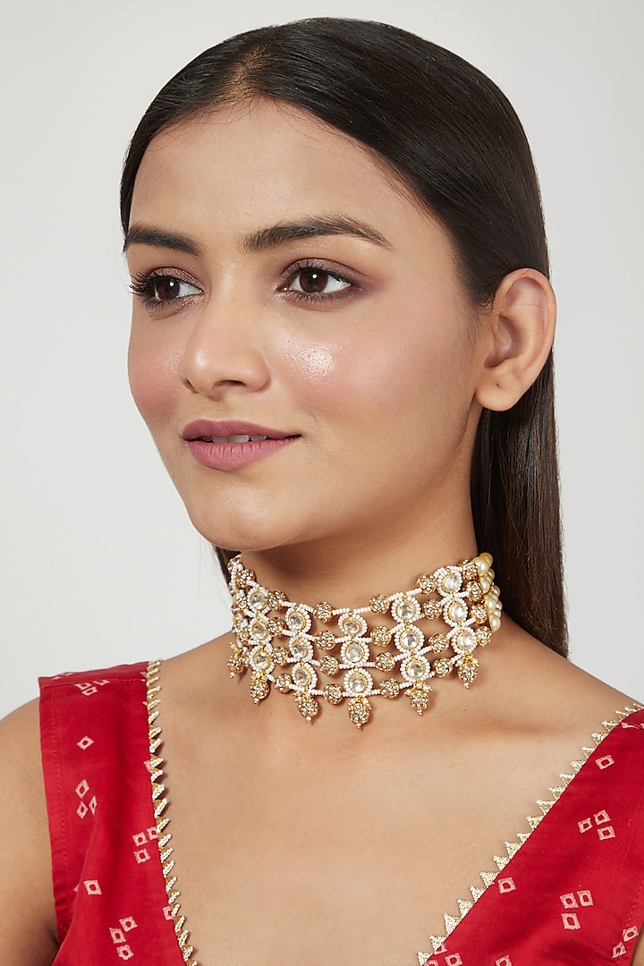 Gold Finish Choker Necklace With Moti by Just Jewellery