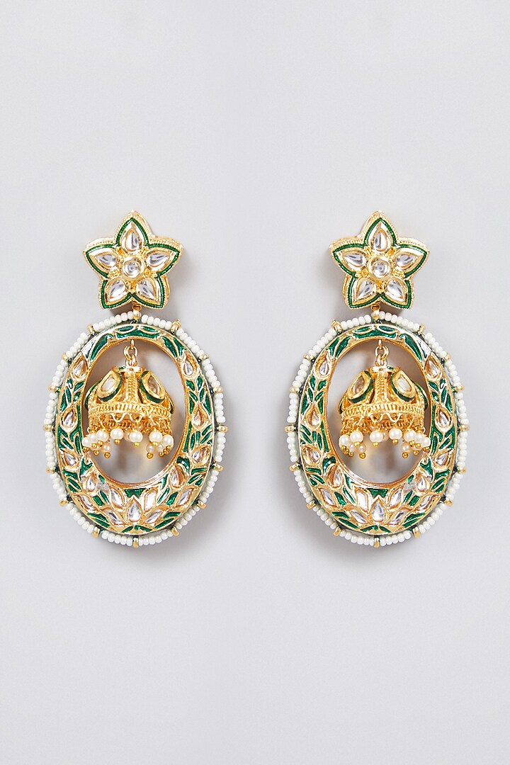 Gold Finish Green Meenakari Earrings by Just Jewellery at Pernia's Pop Up Shop
