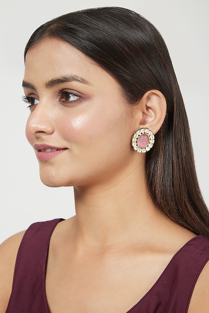 Gold Finish Pink Jadtar Earrings by Just Jewellery