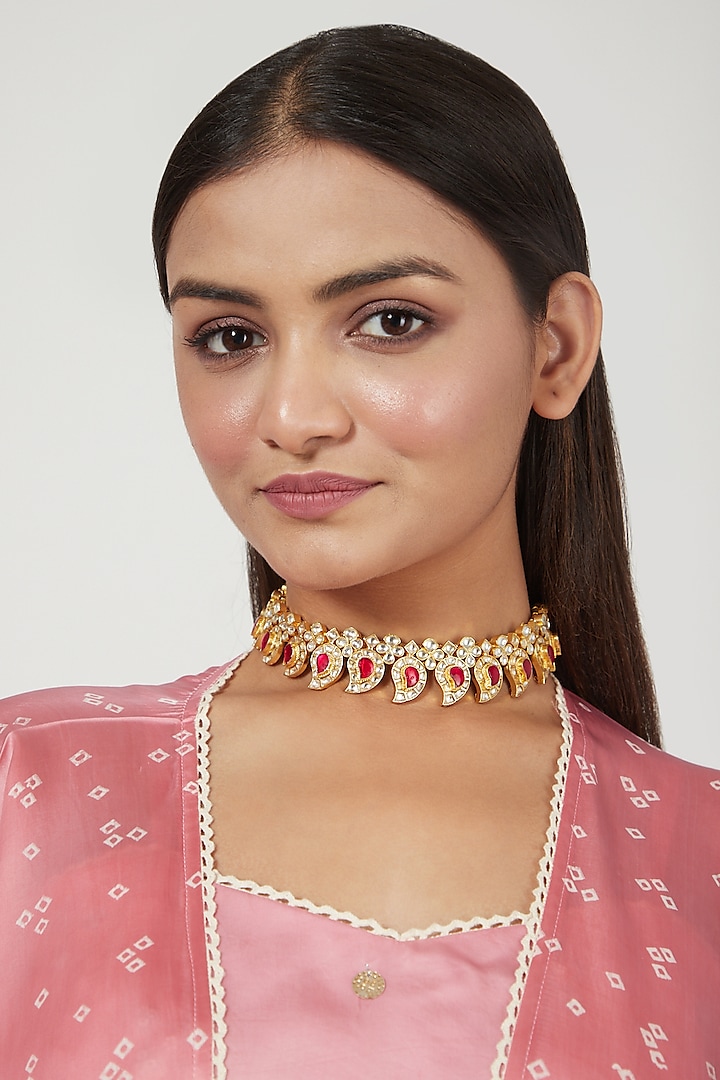 Gold Finish Collar Necklace With Jadtar by Just Jewellery