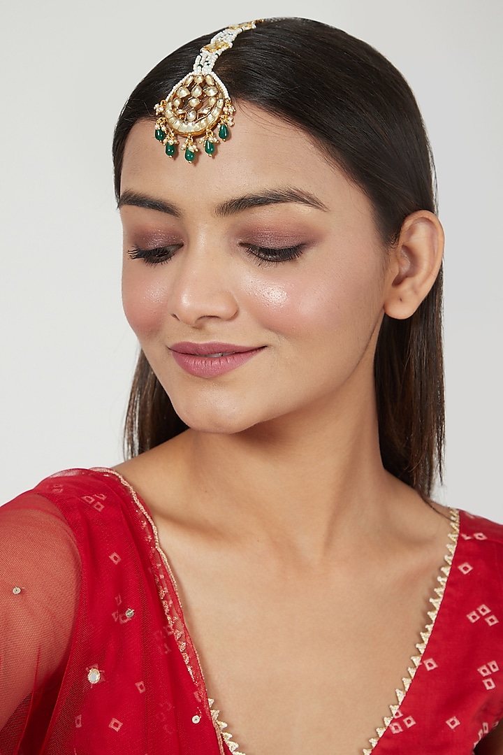 Gold Finish Pearl Maang Tikka by Just Jewellery