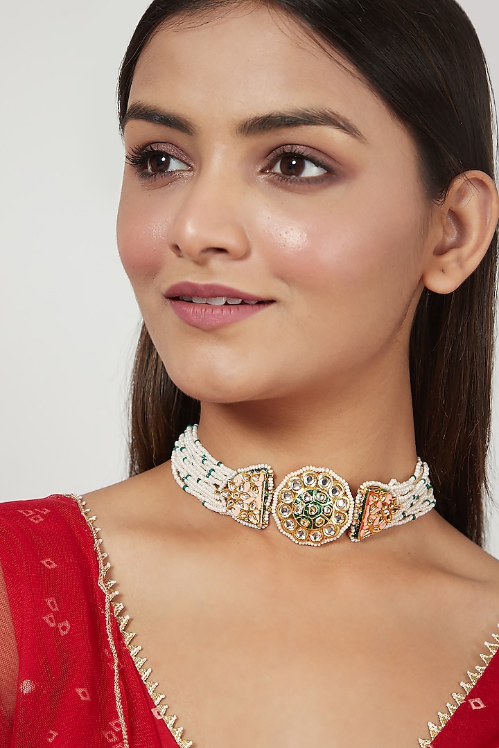 Gold Finish Moti Meenakari Choker Necklace by Just Jewellery