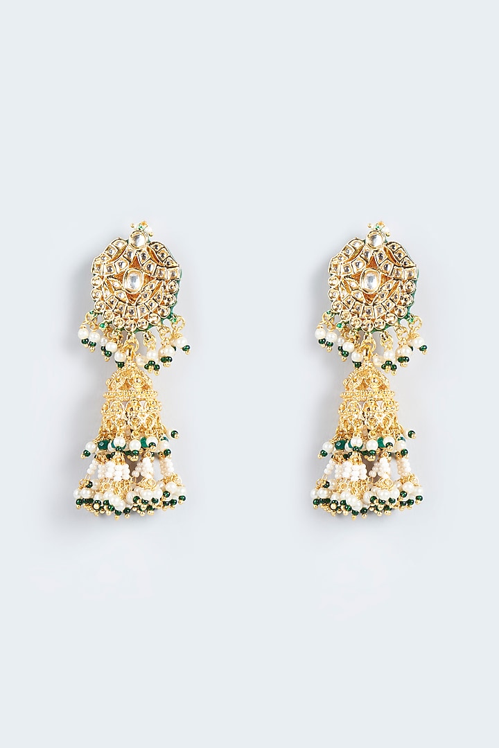 Gold Finish Kundan Polki Earrings With Pearls by Just Jewellery