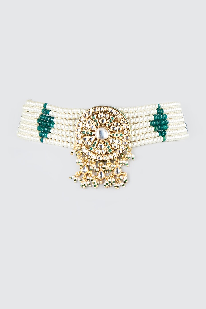 Gold Finish Emerald Beaded Choker Necklace  by Just Jewellery