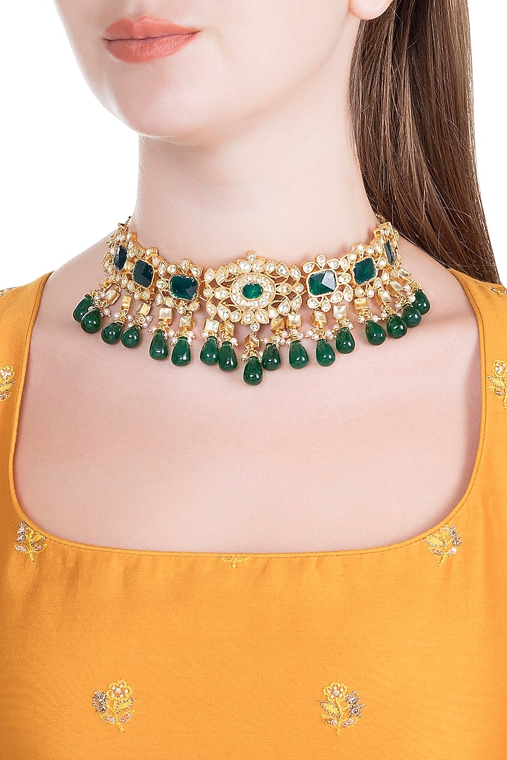 Gold Finish Semi-Precious Green Jadtar Choker by Just Jewellery