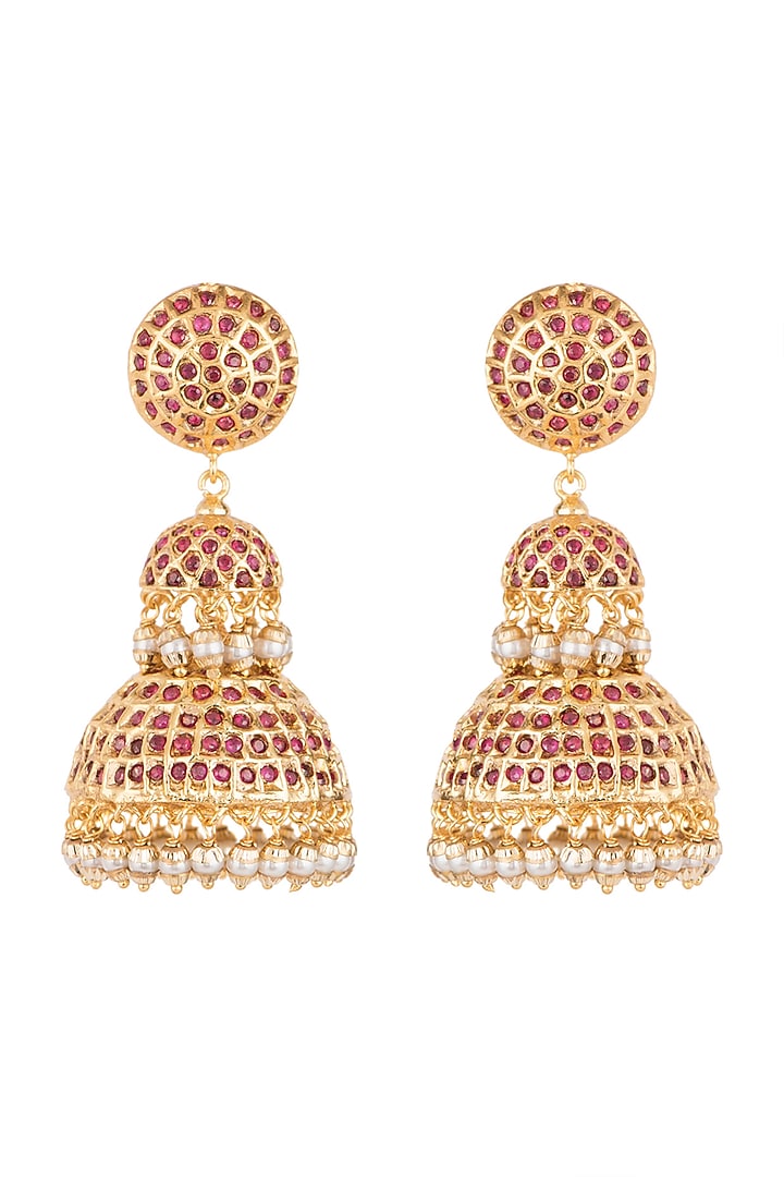 Gold Finish Semi-Precious Red Stones Jadtar Jhumka Earrings by Just Jewellery at Pernia's Pop Up Shop