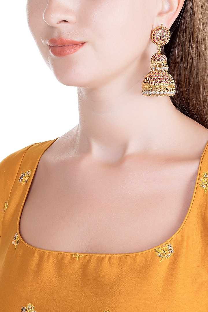 Gold Finish Semi-Precious Red Stones Jadtar Jhumka Earrings by Just Jewellery