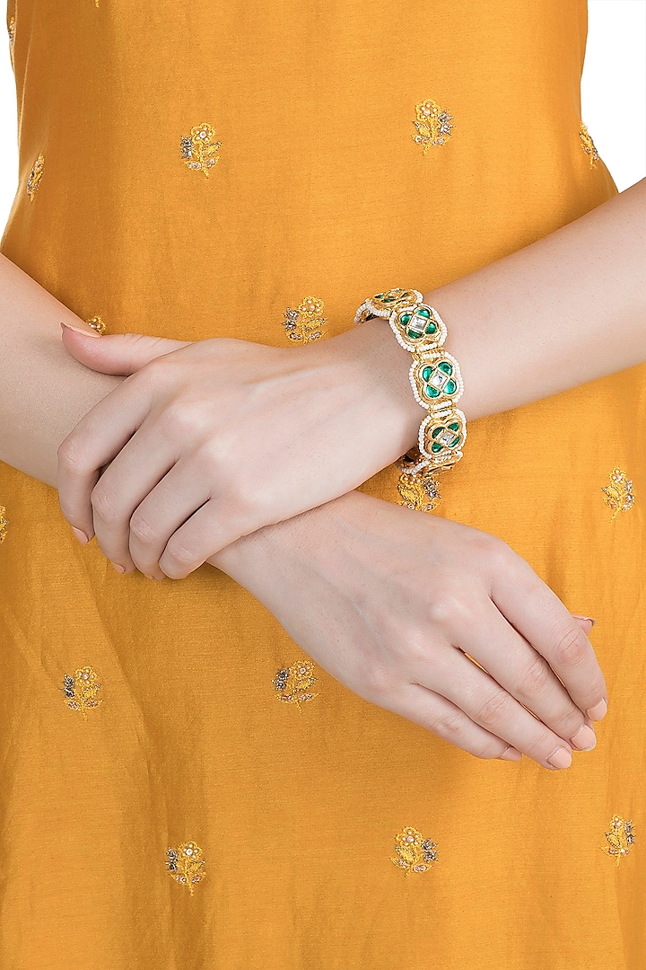 Gold Finish Semi-Precious White & Green Jadtar Bangle by Just Jewellery